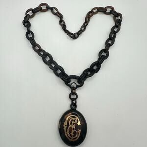 Antique Victorian 1800s Pique "faux" tortoise shell 14kt gold inlay locket chain